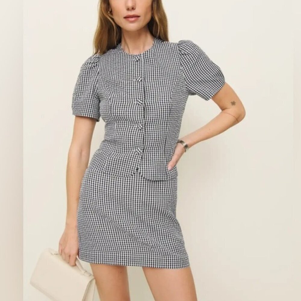 NEW Reformation Mika Two Piece Skirt Set Black White Check Gingham | US 2 UK 6